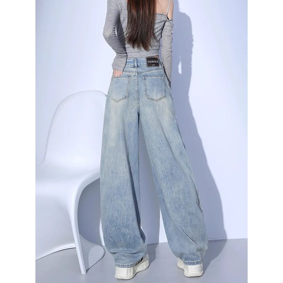 Quần jean nữ cạp cao ống đứng ống rộng phong cách giản dị mùa thu — Quần crop màu xanh nhạt dành cho chiều cao dưới 158cm., Màu xanh nhạt, được khuyên dùng cho chiều cao từ 164cm (5'4") trở lên., Quần màu xanh nhạt khuyến nghị 158-164cm