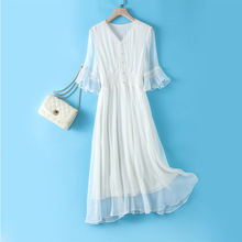 纯色裙中长裙中腰真丝桑蚕丝白色大版气质通勤连衣裙