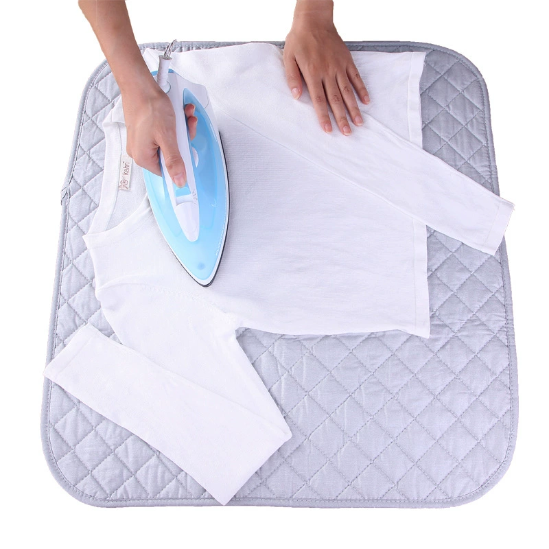 Portable foldable ironing pad, cotton-coated silver backing, replaces ironing board, multiple sizes