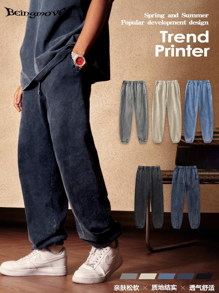 2025 primavera y verano marca de moda delgada pantalones deportivos lavados con agua industria pesada sueltos pantalones largos casuales ligeros para hombres