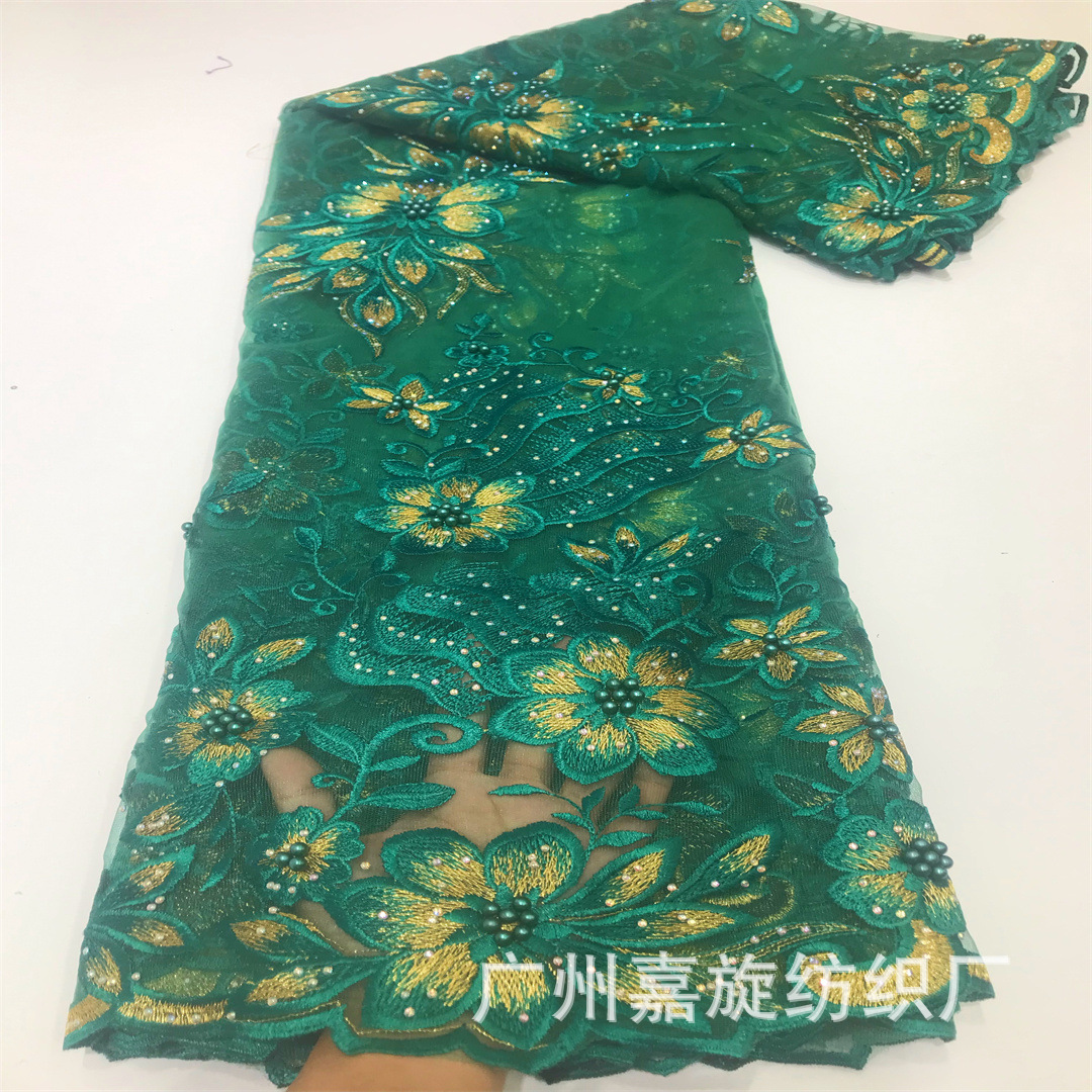 Europa y Estados Unidos bordado de perlas tela de encaje transparente de doble color vestido de fiesta tela de boda