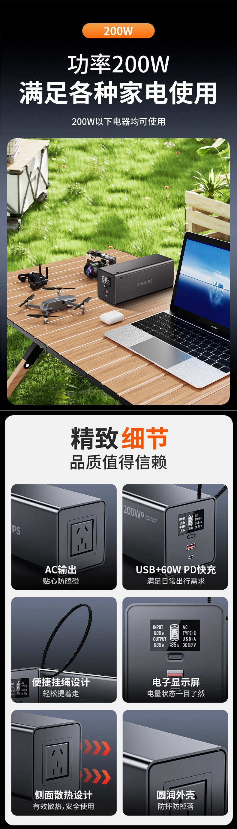 【National 3C Certification】Philips Outdoor Power Bank 200W (Watt) High Power Capacity Mobile Phone Charger