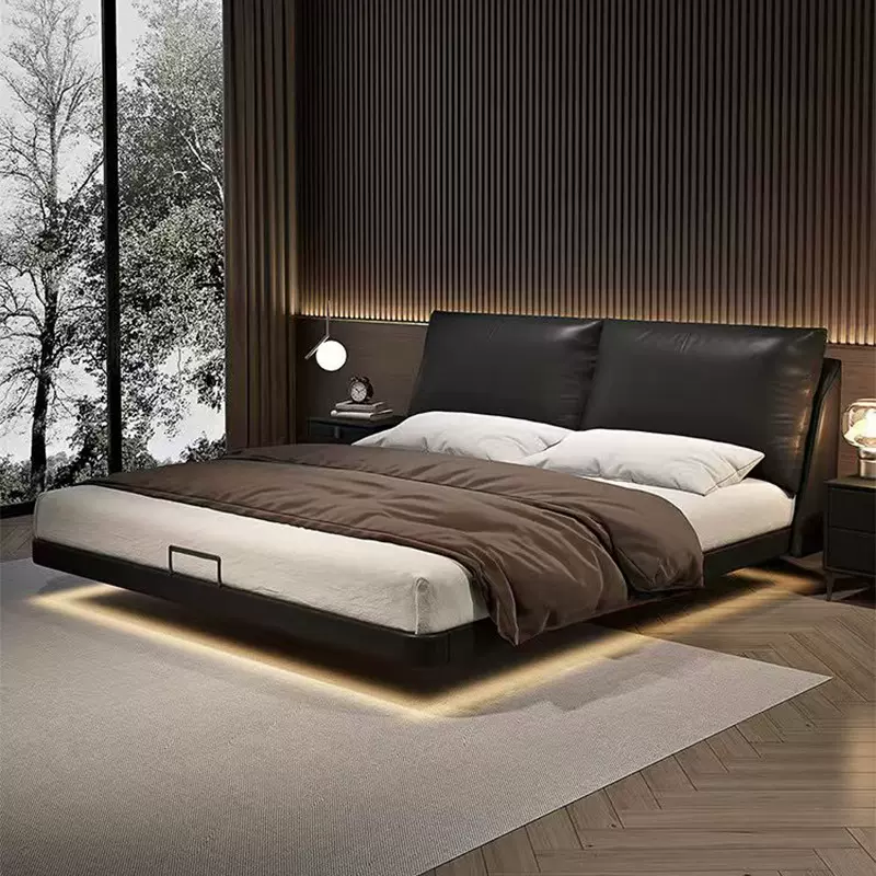 意式极简悬浮床现代简约真皮床主卧网红床软包床带靠背羽绒皮艺床