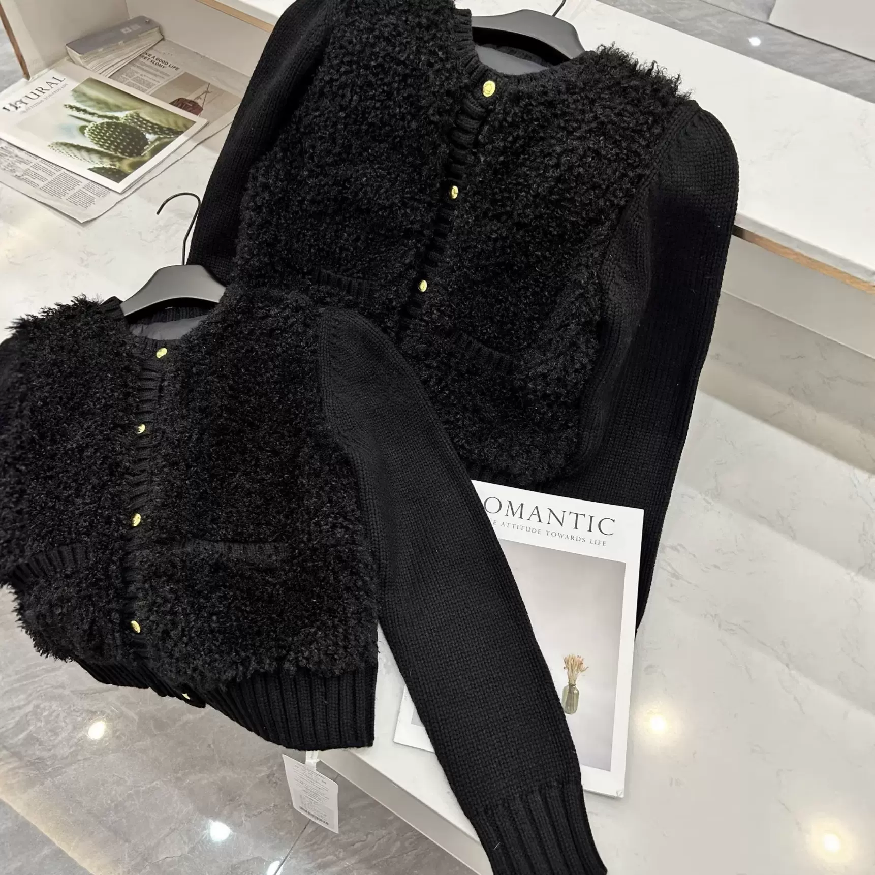 mo*ler蒙口小香风羊毛针织拼接泰迪绒羽绒服短款外套