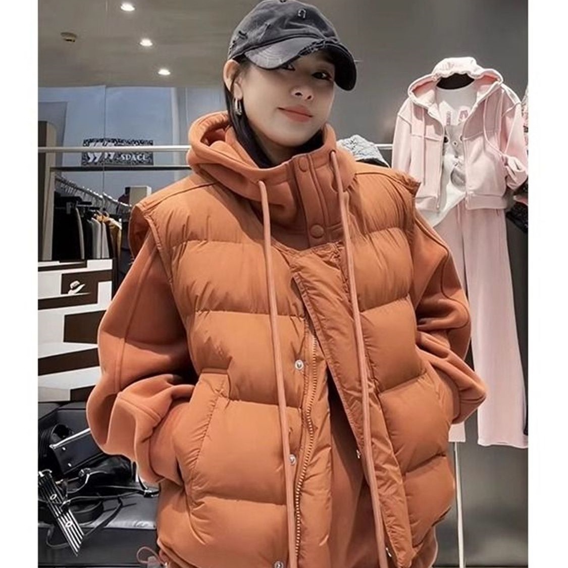 加肥加大300斤欧货时尚两件套女秋冬羽绒棉马甲+加绒卫衣叠穿套装