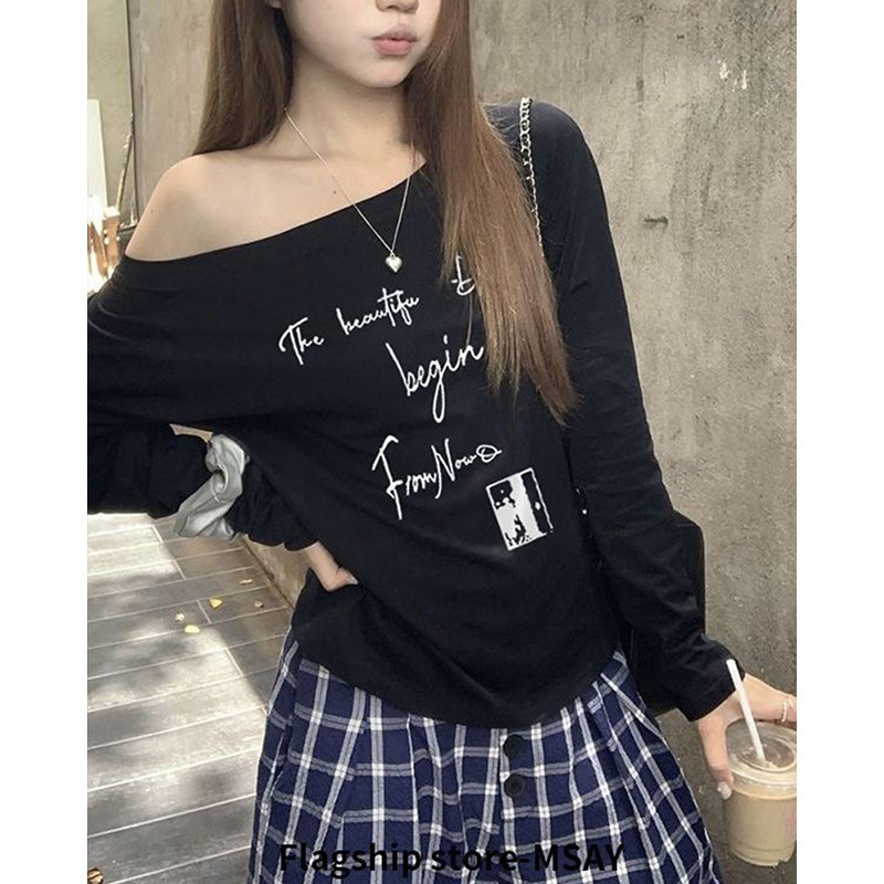 韩系ins风斜肩露肩小上衣T恤宽松显瘦辣妹长袖早秋百搭超好看上衣|undefined