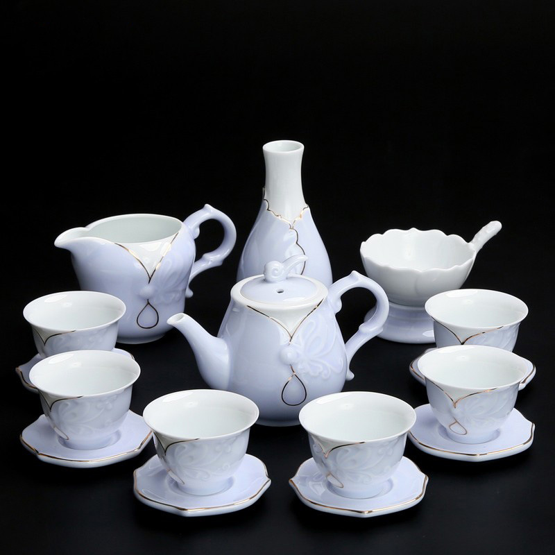 整套陶瓷青瓷功夫茶具套装欧式描金白瓷茶壶公道杯茶杯家用送礼
