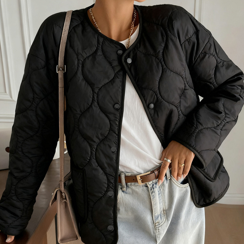 European and American Cross-Border Women's Button Casual Solid Color Diamond Grid Pattern Flight Daily Casual Jacket Cotton Coat