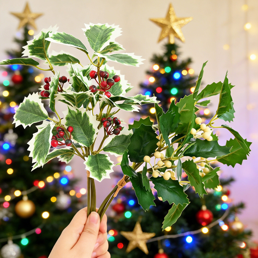 Hoja de Navidad bayas imitación verde fruta roja decoración del hogar árbol de Navidad decoración de mesa diy ramo de fiesta