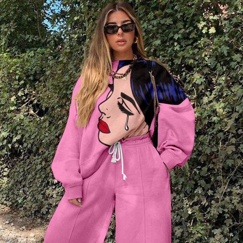 Conjunto de Sudadera Informal con Cuello Redondo y Estampado Holgado para Mujer, Estilo Europeo y Americano, Novedad de Comercio Exterior Transfronterizo para Otoño 2025