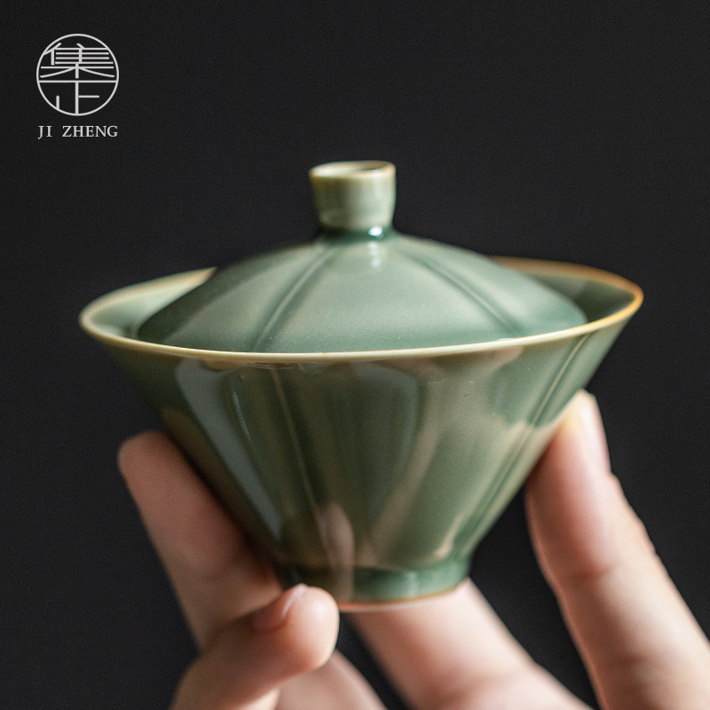 Retro Yue Kiln Bamboo Hat And Bowl,Home Kung Fu Tea Set,Tea Bowl,Single Longquan Celadon Ercai Bowl,Single