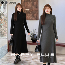 假两件半高领针织长袖收腰连衣裙润其9108大码弹力磨毛秋秋冬打底