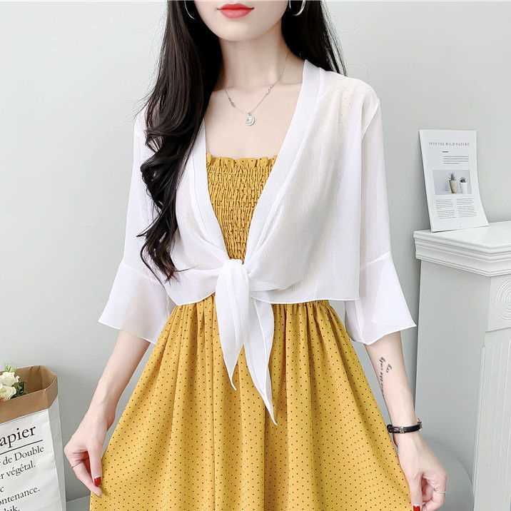 Chiffon Coat Women's Summer Short Outer Wear Thin Cardigan with Sling Skirt Small Shawl Lace Sunscreen Clothing for Women