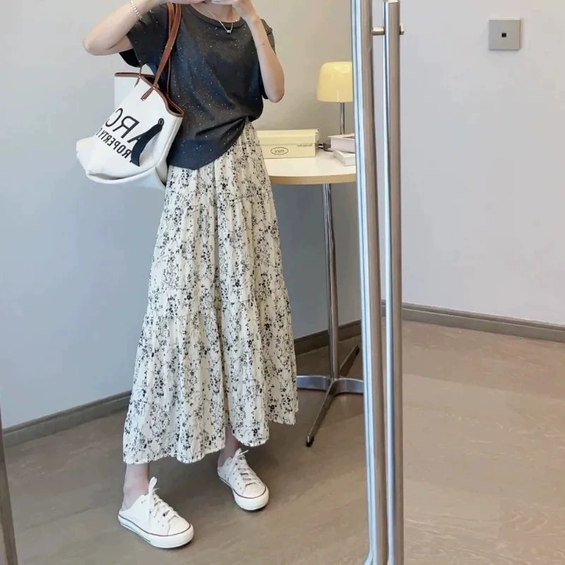 Черная шифоновая юбка с цветочным принтом для женщин, лето 2025, новый стиль, миниатюрная, элегантная, тонкая, с высокой талией, ретро, ​​длинная юбка трапециевидной формы