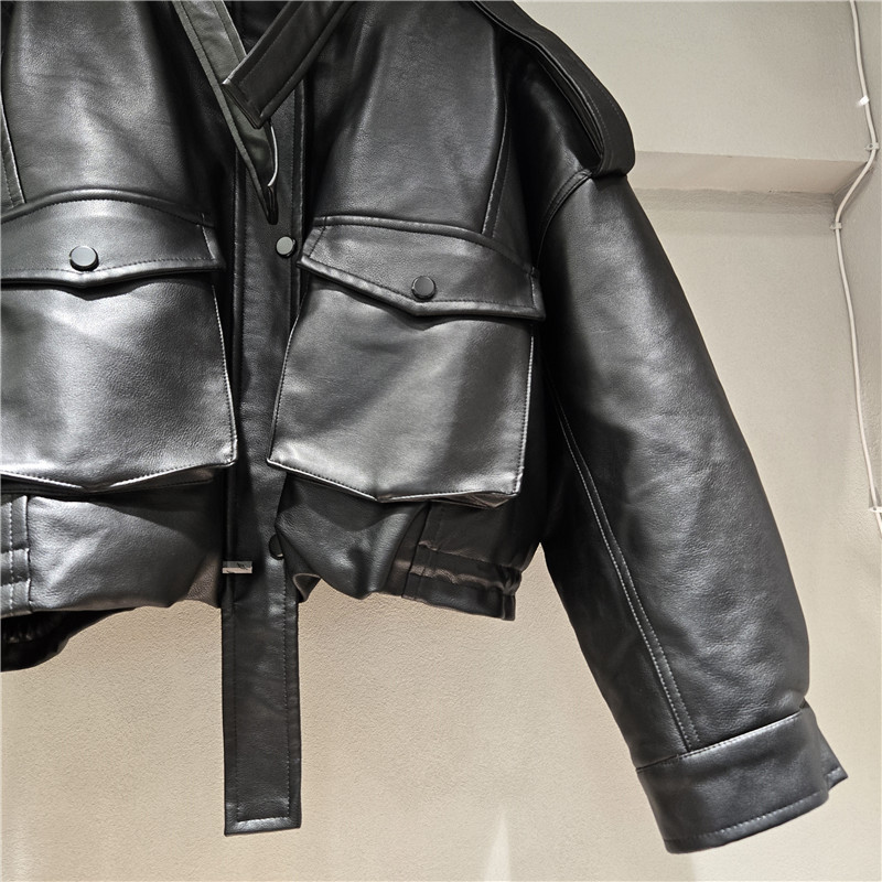 Vintage estilo americano de alta sensación abrigo de cuero otoño invierno suave pegajoso corto pu abrigo de motocicleta chaqueta de algodón top image 3