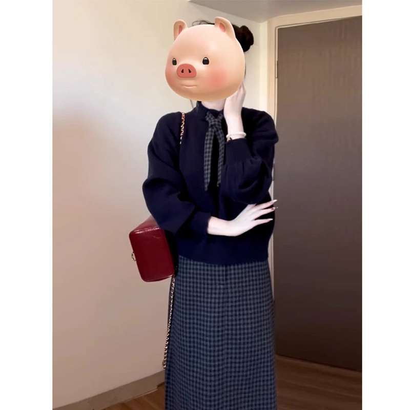 学院风毛衣针织衫女秋季新款miu里miu气穿搭套装中长格子半身裙|undefined