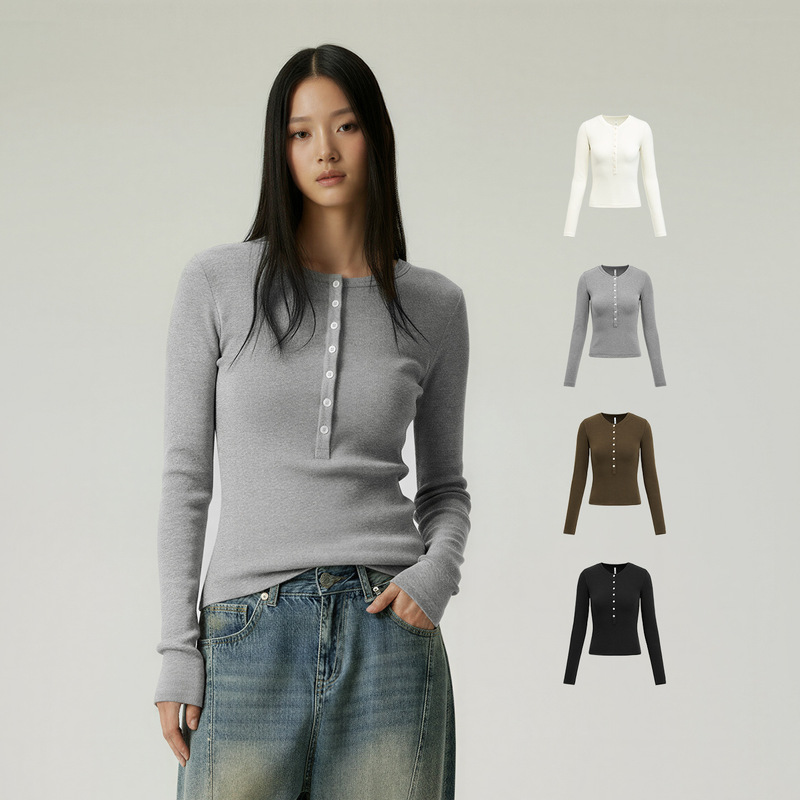 Teeshe Women's Clothing Lenzing Tencel Henry Collar Slim Fit Top 26 Spring and Summer New Product Waist Slimming Long-Sleeved T-Shirt for Women