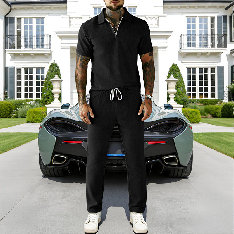 Completo da uomo estivo alla moda casual business alla moda in velluto a coste a maniche corte, polo e pantaloni, stile 2026_voghion.com