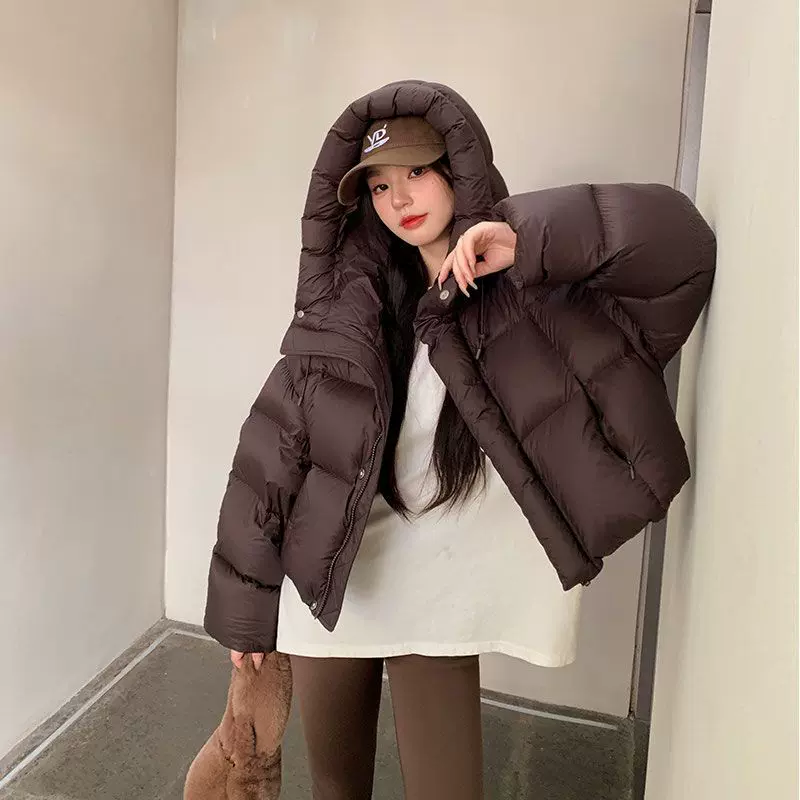 肯豆泡芙羽绒服女短款2025新款韩版白鸭绒连帽面包服加厚保暖外套