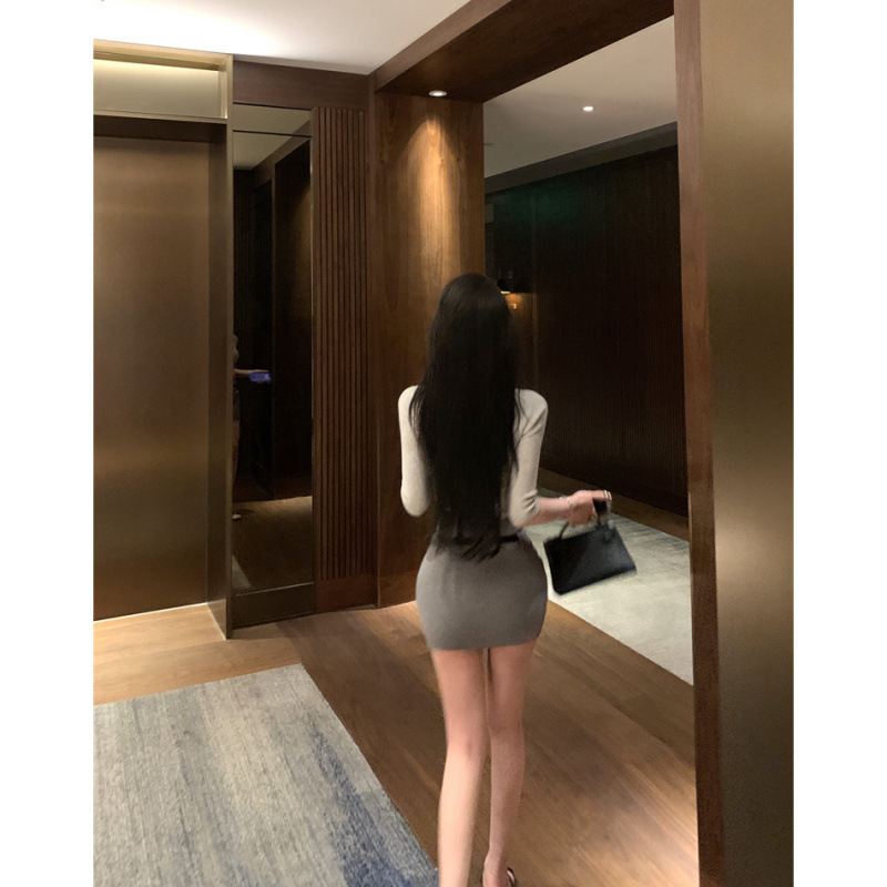 纯欲御姐气质修身灰色针织衫套装女包臀半身裙两件套套装女|undefined