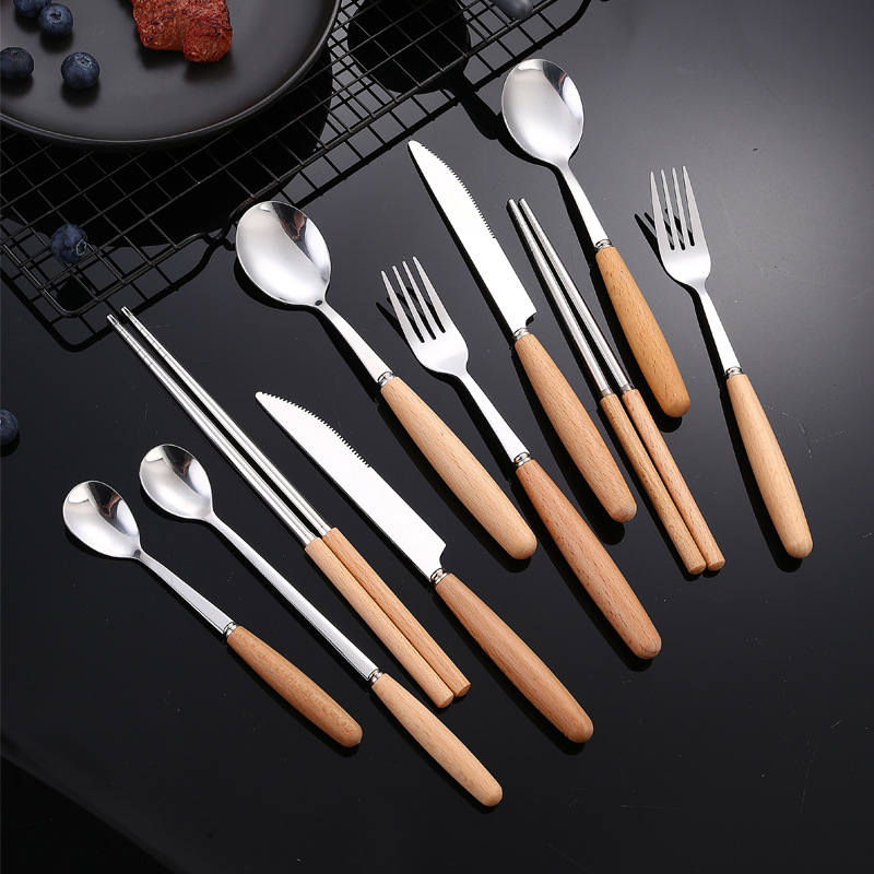Cuchillo de carne japonés de acero inoxidable mango de madera transfronteriza, tenedor, cuchara palillos cuchara de postre regalo de cuatro piezas traje de vajilla portátil