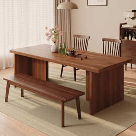 复古餐桌家用吃饭桌2025新款胡桃木色长方形大板桌小户型桌椅组合