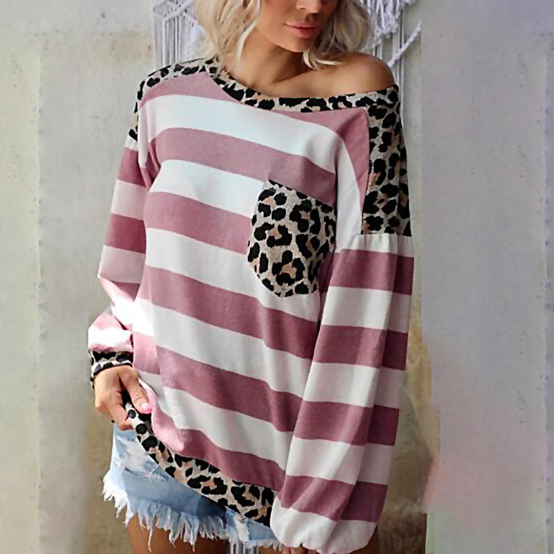 women s striped print stitching leopard-print loose top nihaostyles wholesale clothing NSZH81780