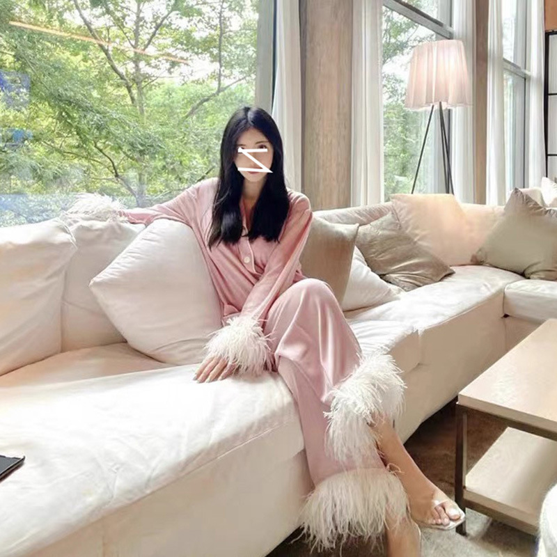 In-Stock Luxurious Fluffy Feather Loose Shirt Blouse with Drape High-Waisted Slimming Wide-Leg Pants Long Pajamas Home Set In-Stock Luxurious Fluffy Feather Loose Shirt Blouse with Drape High-Waisted Slimming Wide-Leg Pants Long Pajamas Home Set