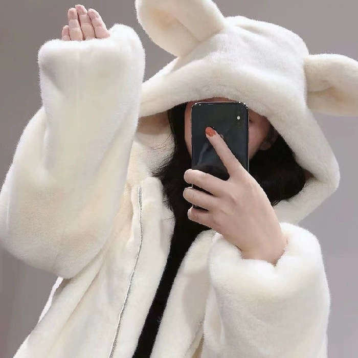 Velvet hooded mid‑length jacket, cute bear ears, thickened winter hoody
