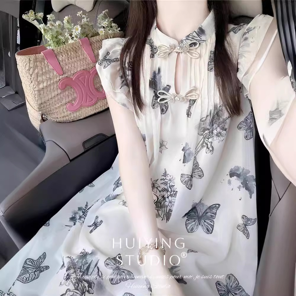 新中式国风蝴蝶小飞袖连衣裙女2024年夏季新款甜美雪纺裙子高级感
