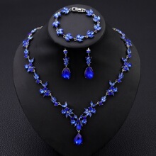 跨境新款婚礼饰品水钻水滴耳环项链套装女新娘首饰三件套婚纱奢华