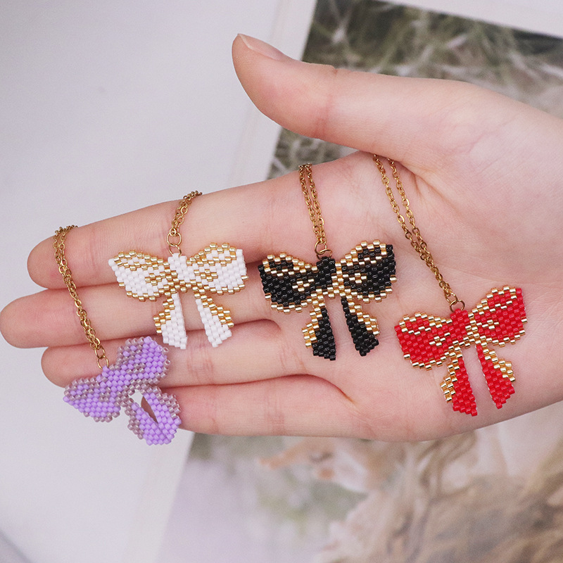 Brand fashionable cute glass necklace with bow stainless steel…