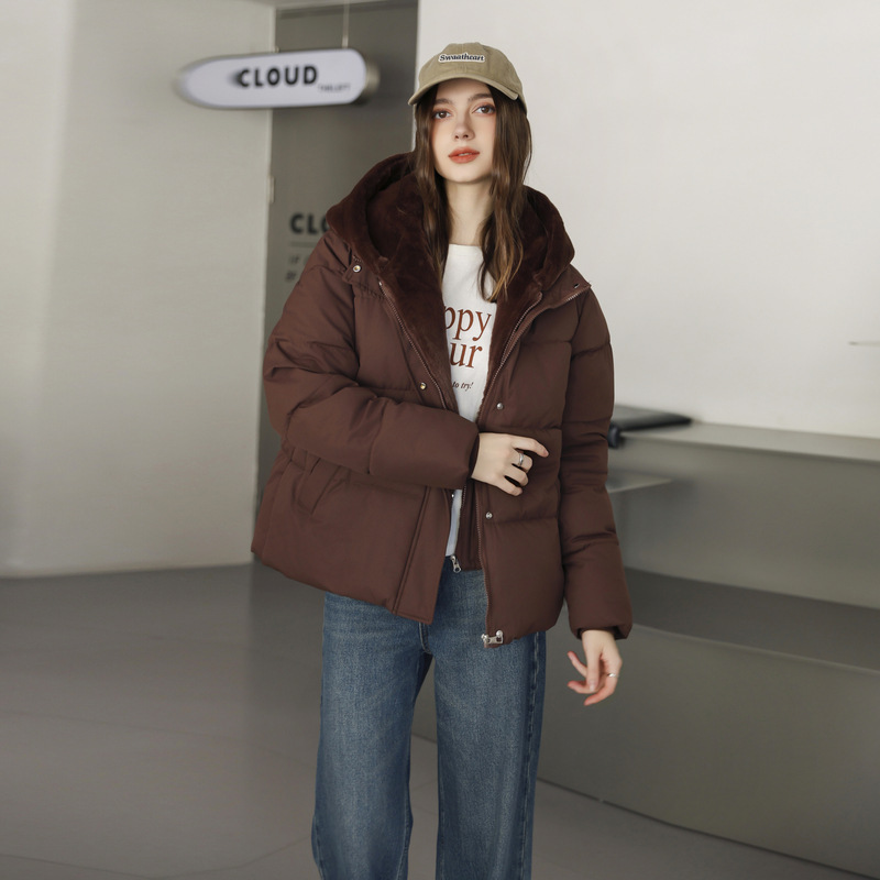 棉服女冬短款连帽2025新款韩版加绒毛拼接面包服加厚假两件潮棉袄|undefined