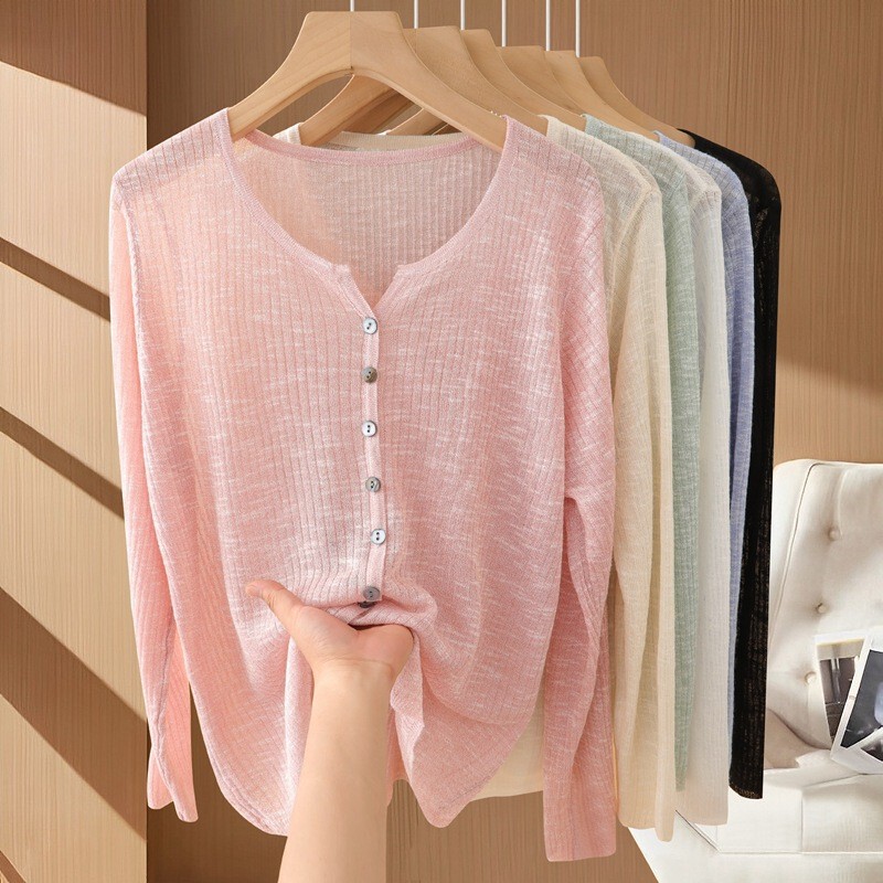 Wholesale summer thin women's sunscreen breathable sweater V-neck long sleeve soft versatile urban temperament trendy coat Wholesale summer thin women's sunscreen breathable sweater V-neck long sleeve soft versatile urban temperament trendy coat
