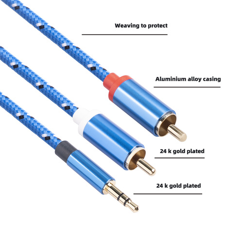 Cross-border new product blue aluminum shell gold-plated 3.5 to 2RCA mobile phone amplifier speaker lotus head audio cable