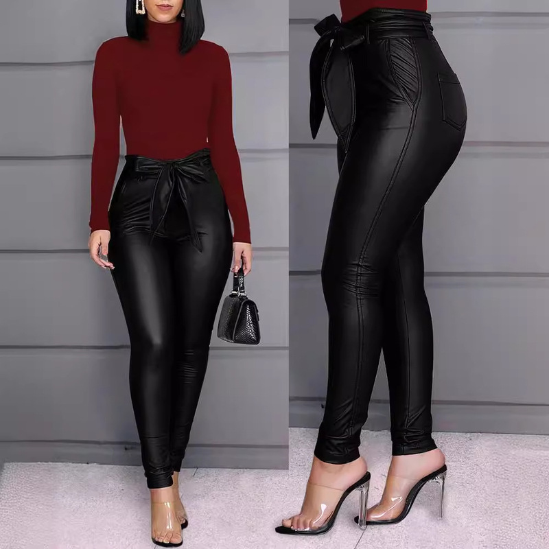 W8247 Amazon Independent Station European and American Clothing Fashion Casual Pu Pants Leather Pants (Including Belt)