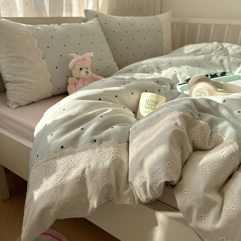 Cama de algodón fresco de seda de cuatro piezas, encaje princesa de viento, colchón de cubierta, sábanas de tres piezas