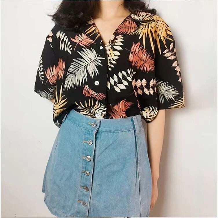 New Floral Print Shirt for Summer and Autumn, Women's Short-Sleeve Elastic Thin Plant Print Top, Loose T-Shirt