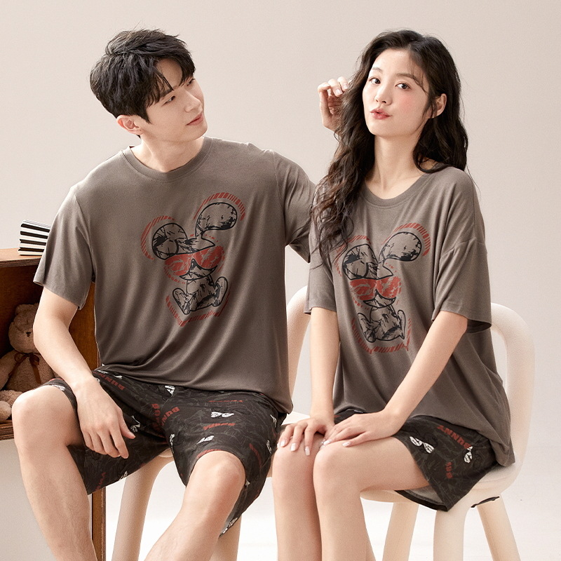 Con almohadilla para el pecho 2024 pijamas de verano pareja modal manga corta conjunto de dos piezas primavera y verano color sólido hombres homewear suave