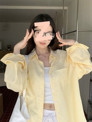 HF黄色ins韩系条纹衬衫女秋甜美设计感休闲宽松衬衣外套