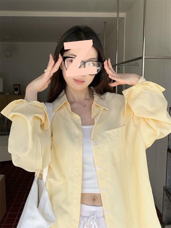 HF黄色ins韩系条纹衬衫女秋甜美设计感休闲宽松衬衣外套|undefined