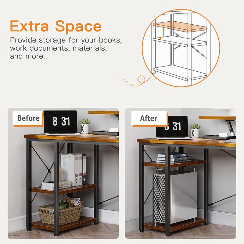 39inch Computer Desk Monitor Stand and Reversible 2-Tier Storage Shelf Work Study Office for Small Space