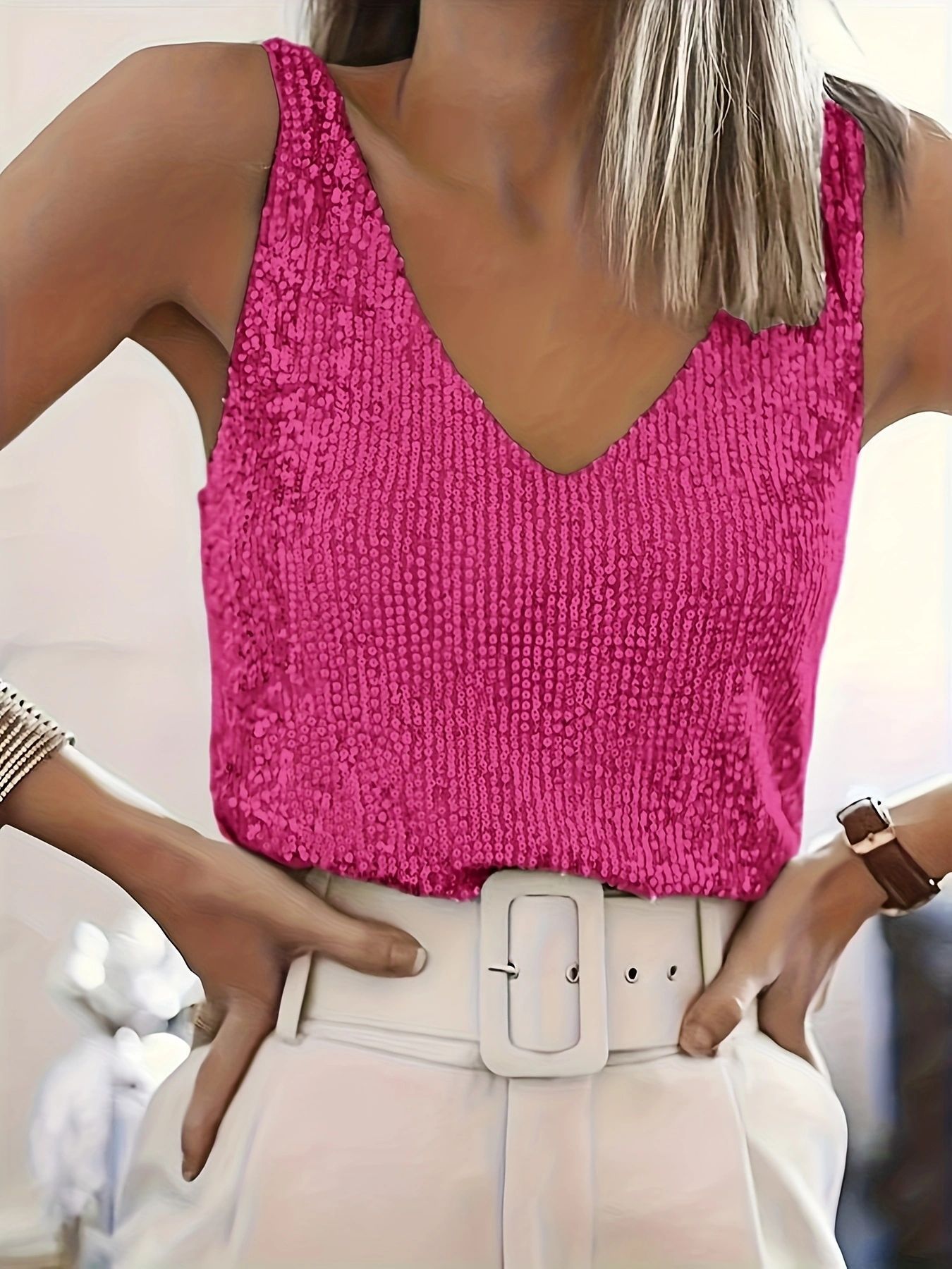 Cross-border European And American Shiny Tank New Women's Sequined Sleeveless Top, V-neck Sexy Base Shirt Top_ecoleips.com