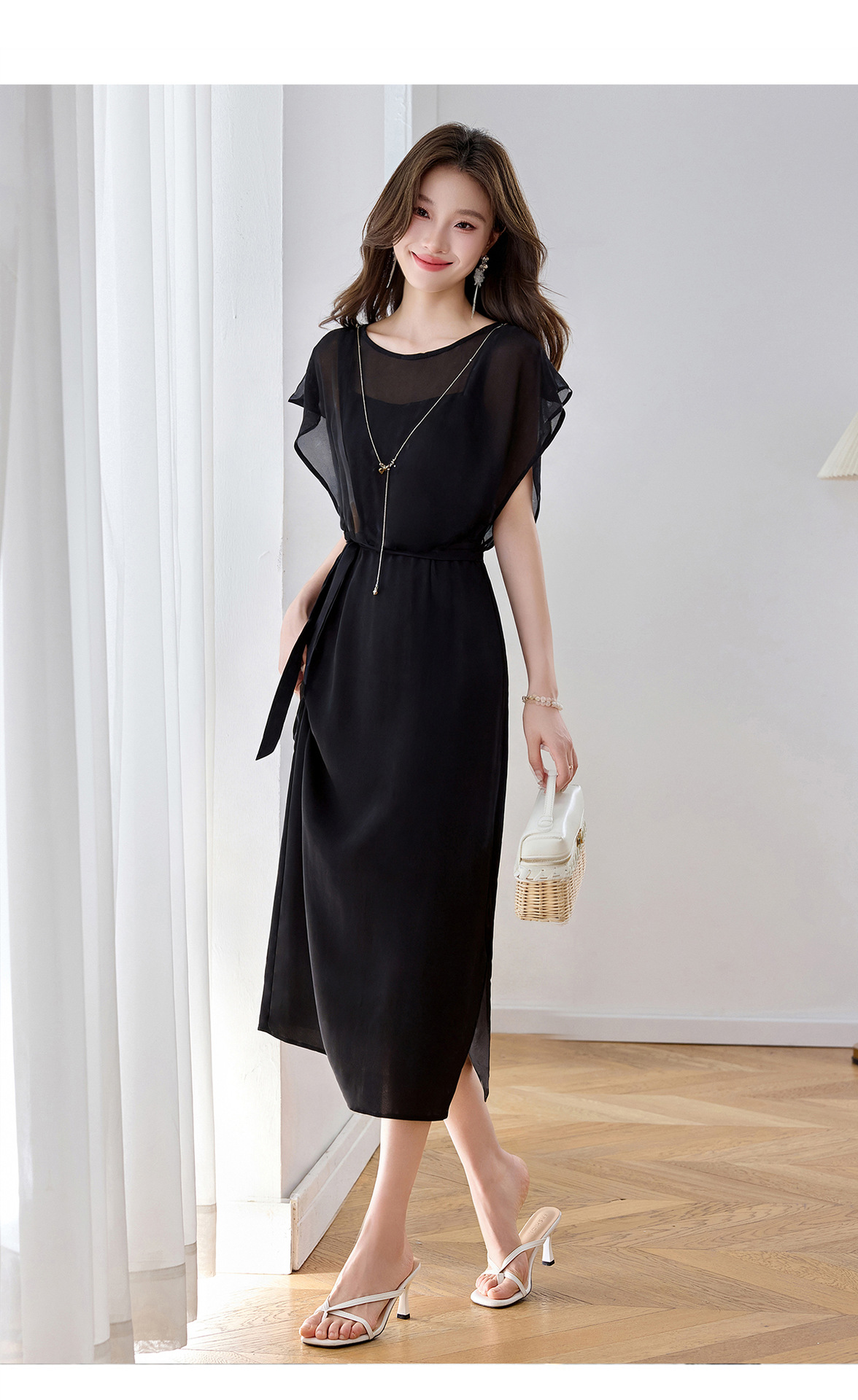Đầm maxi nữ thắt eo thiết kế tân cổ điển cao cấp — màu đen, Chấm tròn chi tiết 15