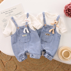 男女寶寶秋季背帶褲套裝哈衣可愛公仔新款牛仔爬服長袖韓版套裝