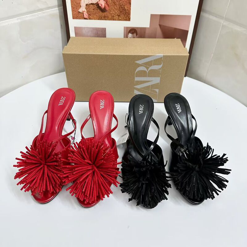 Za Summer 2025 Coral Red Sandals Women's Tassel Thin Heels Round Toe Sexy Sandals Fish Mouth Open High Heels Women