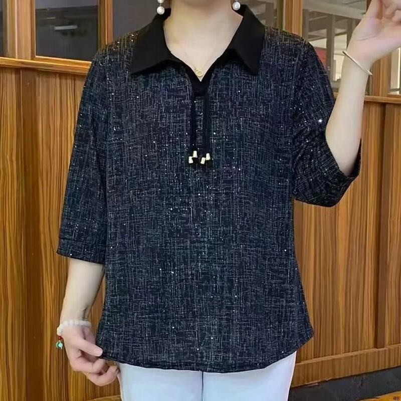 2026 Summer New Style Lapel Three-Quarter Sleeve Mom-Style Loose-Fitting Tummy-Covering Stylish Shirt for Women, Fashionable Slimming Top 2026 Summer New Style Lapel Three-Quarter Sleeve Mom-Style Loose-Fitting Tummy-Covering Stylish Shirt for Women, Fashionable Slimming Top