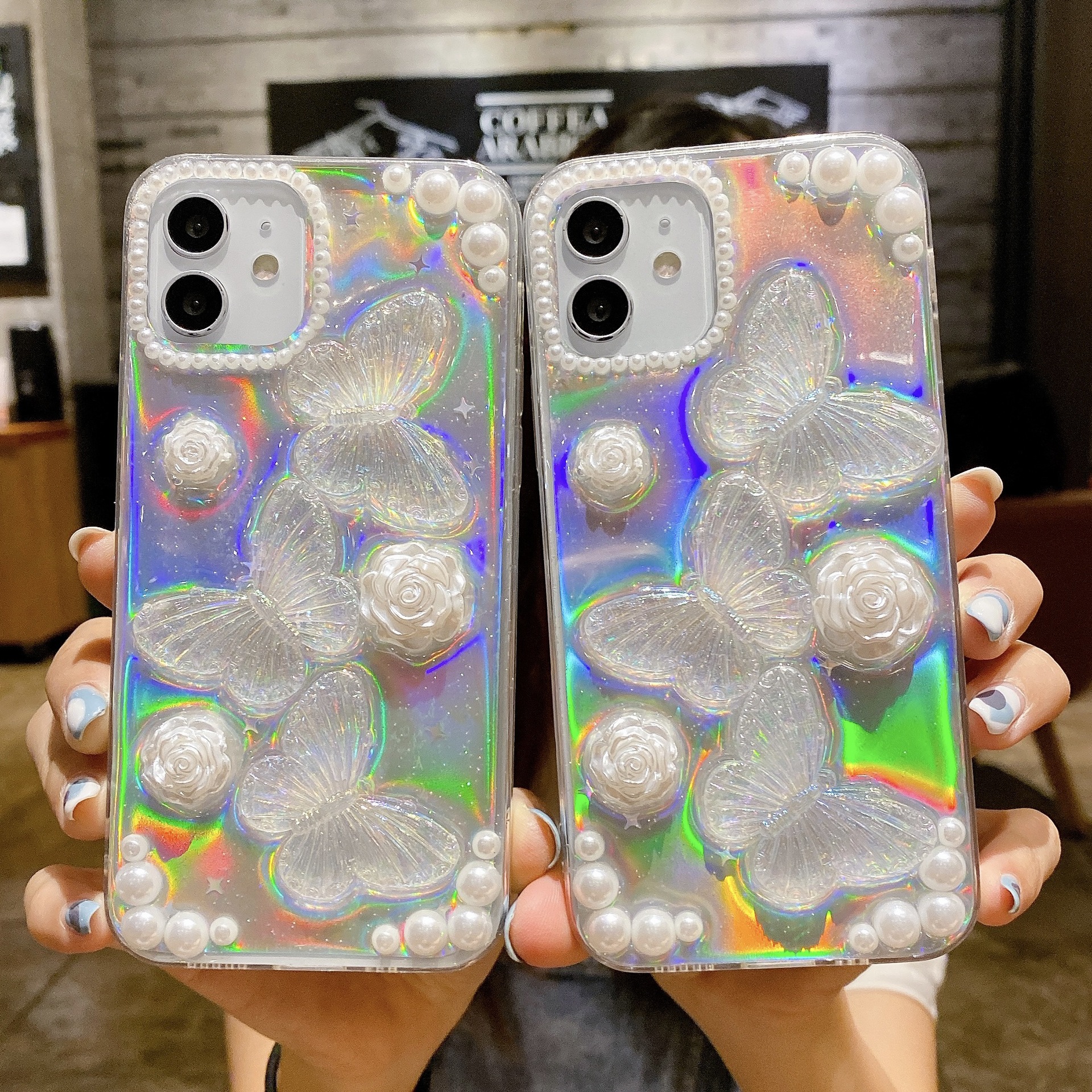 幻彩珍珠蝴蝶適用蘋果11/13/14手機殼iphone12/XR/78plusXS透明殼