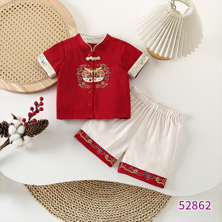 夏季新款儿童套装     男童宝宝中式国风唐装抓周生日礼服两件套