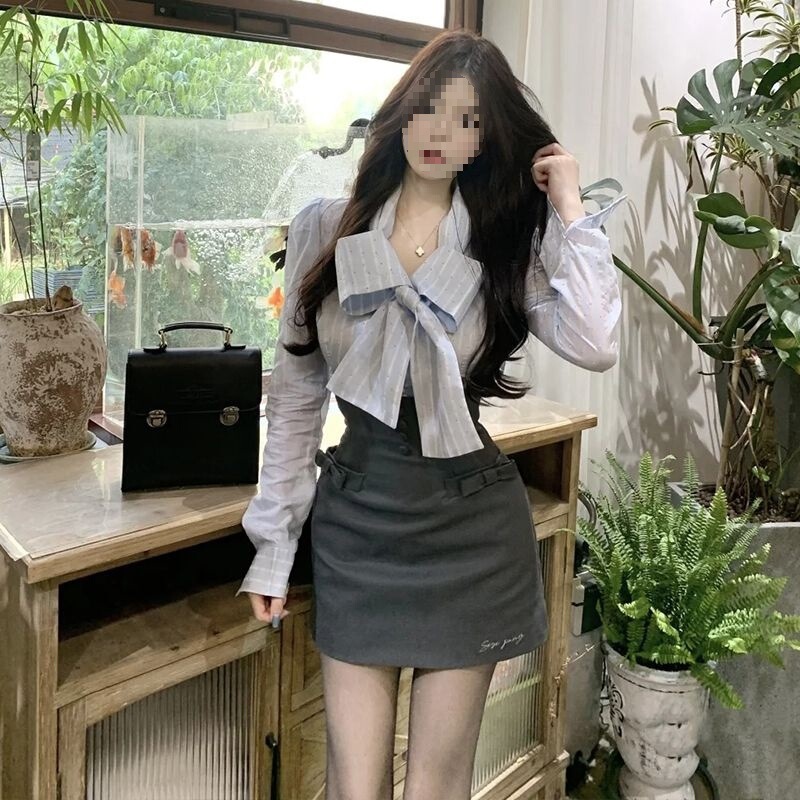 初秋减龄一整套穿搭绝美蝴蝶结上衣半身裙小洋装两件套装|undefined